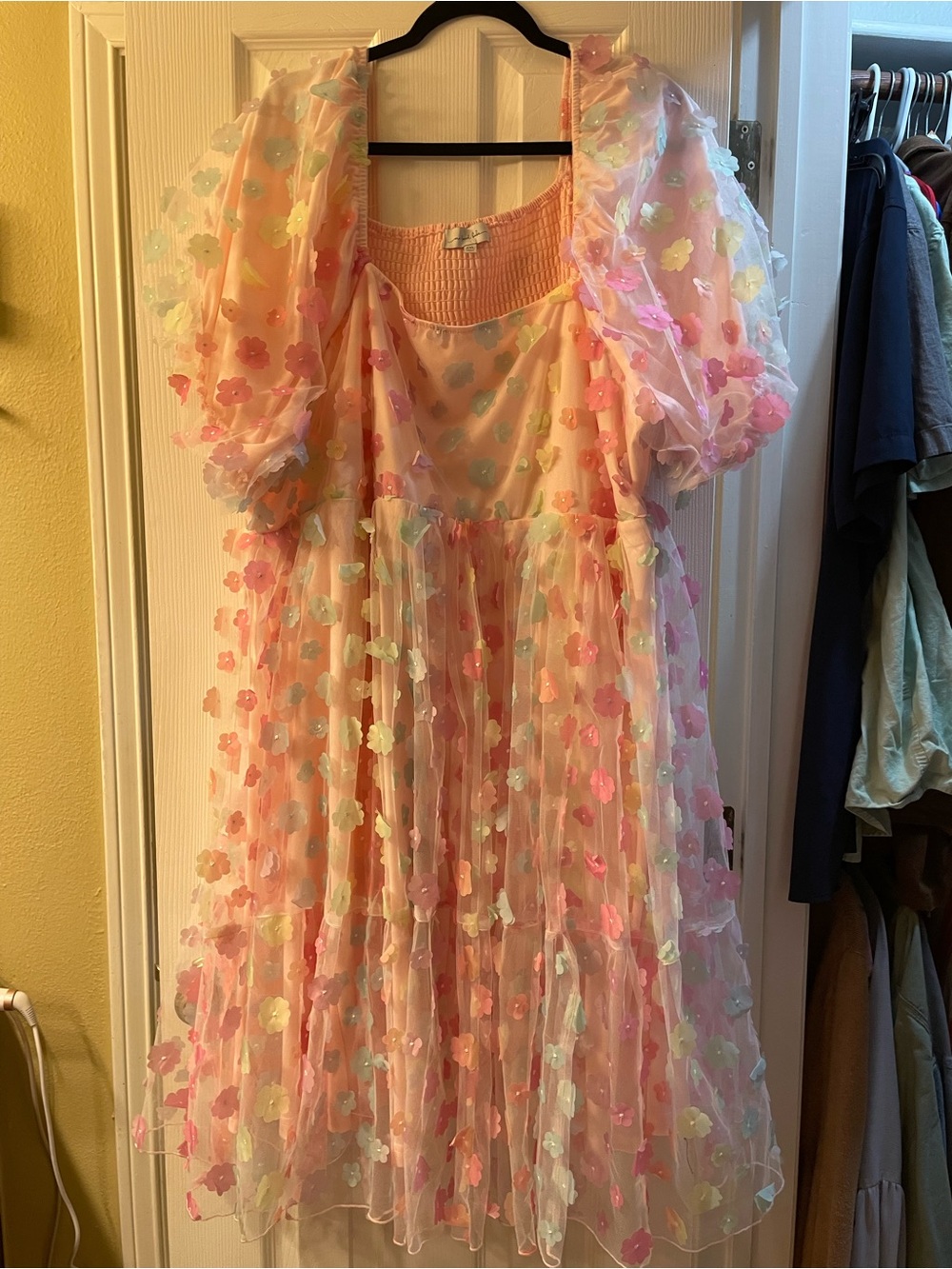One Loved Babe Pastel Floral Puff Sleeve Layered Tulle Dress